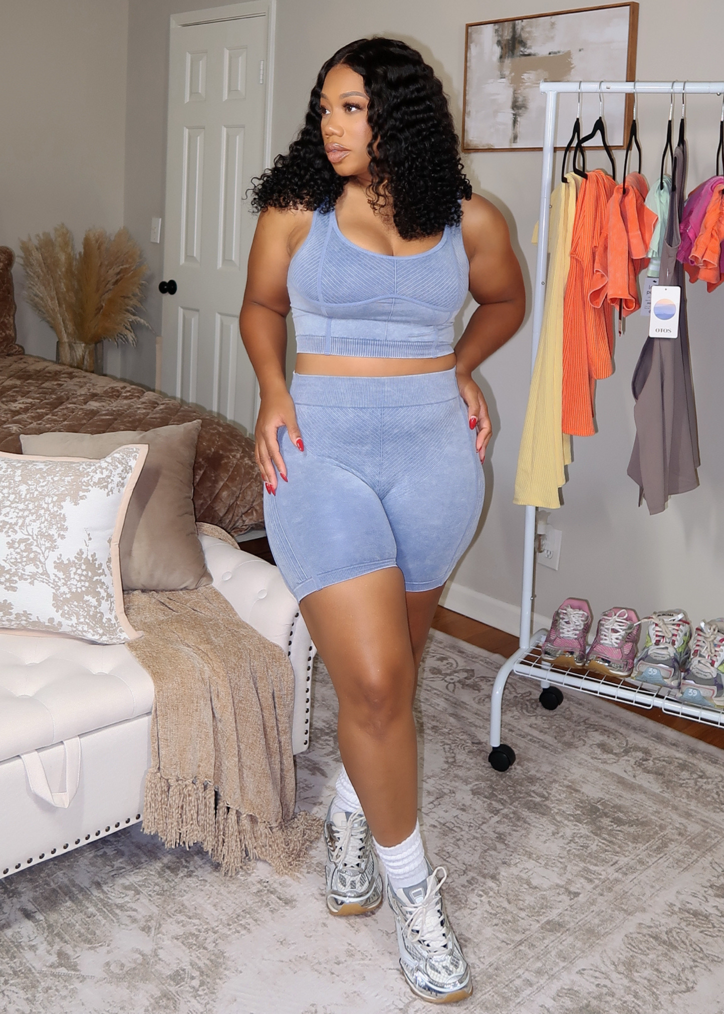 Denim Washed Seamless Biker Short Set