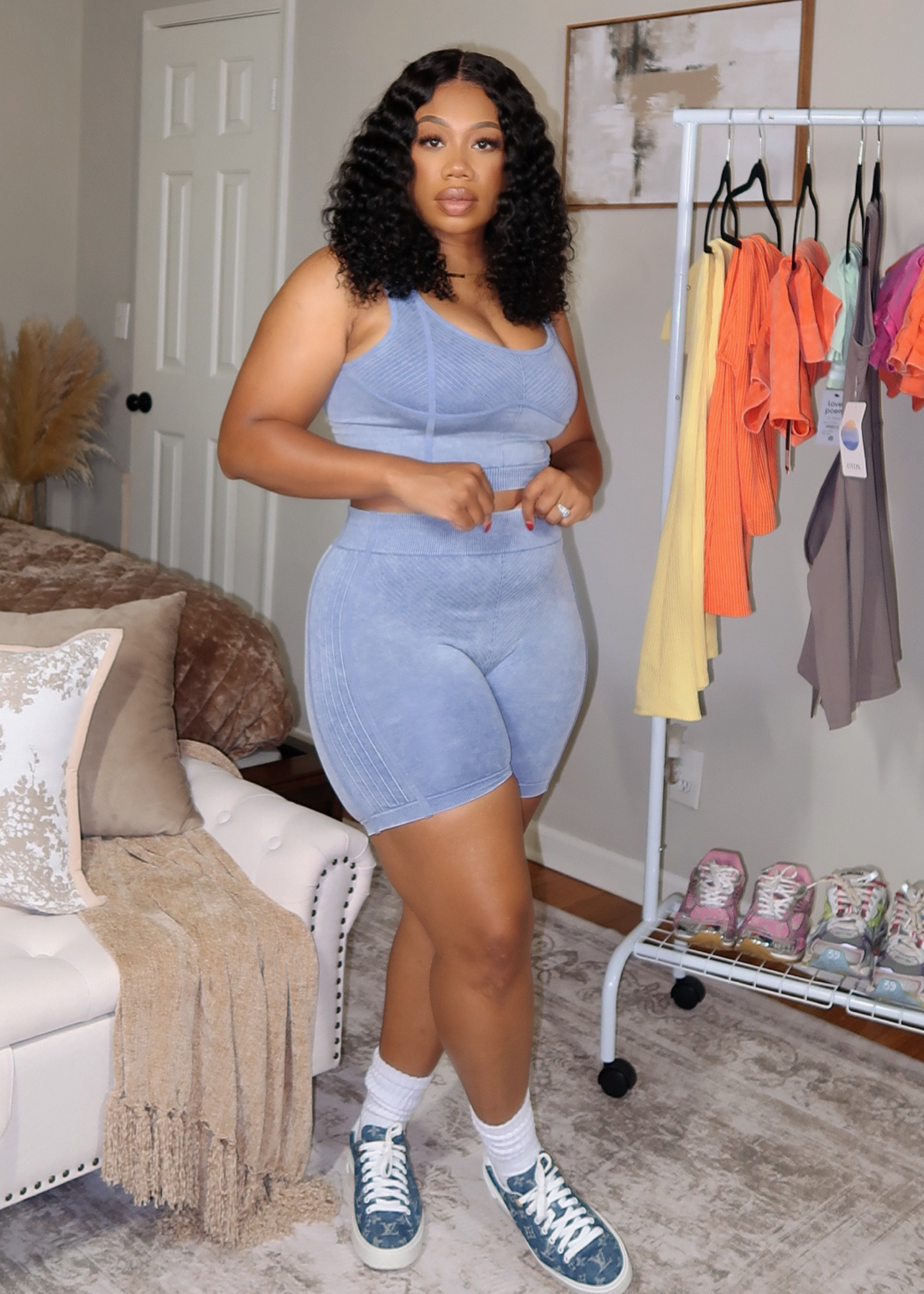 Denim Washed Seamless Biker Short Set