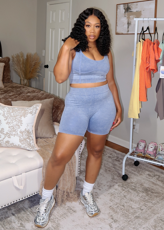 Denim Washed Seamless Biker Short Set